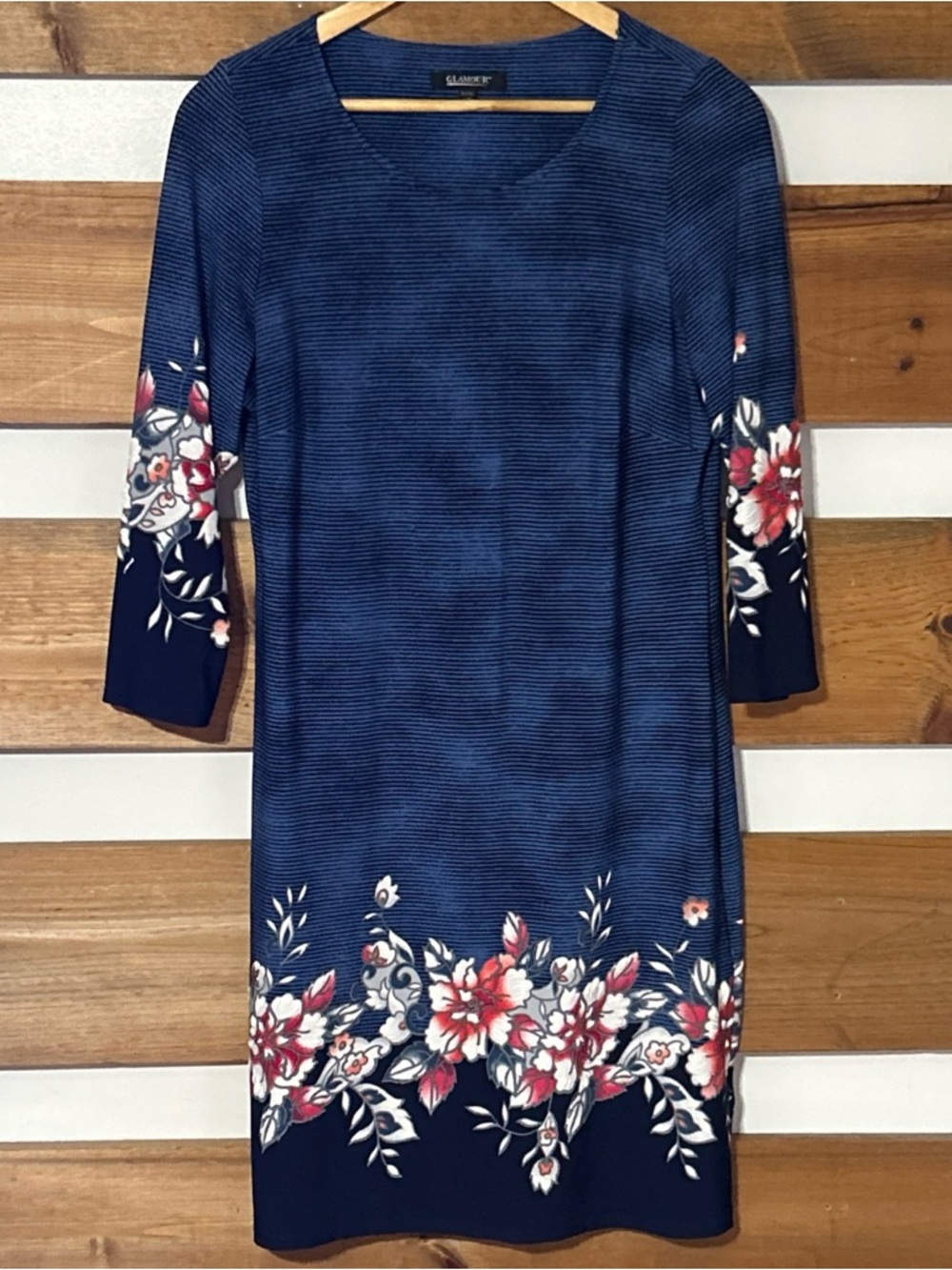 Glamour Navy & Cobalt Striped Midi Dress w/Multicolor Floral Textured Print 12P